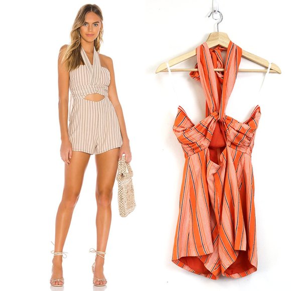 Tularosa Darby Strapless Halter Tie Striped Romper - Picture 1 of 6
